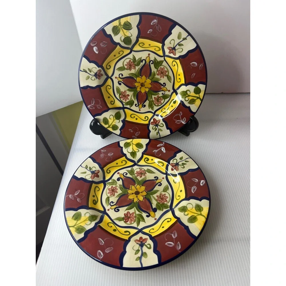 Pier‎ 1 Vallarta Handpainted Earthenware Plates Set of 2 Floral Salad Plates